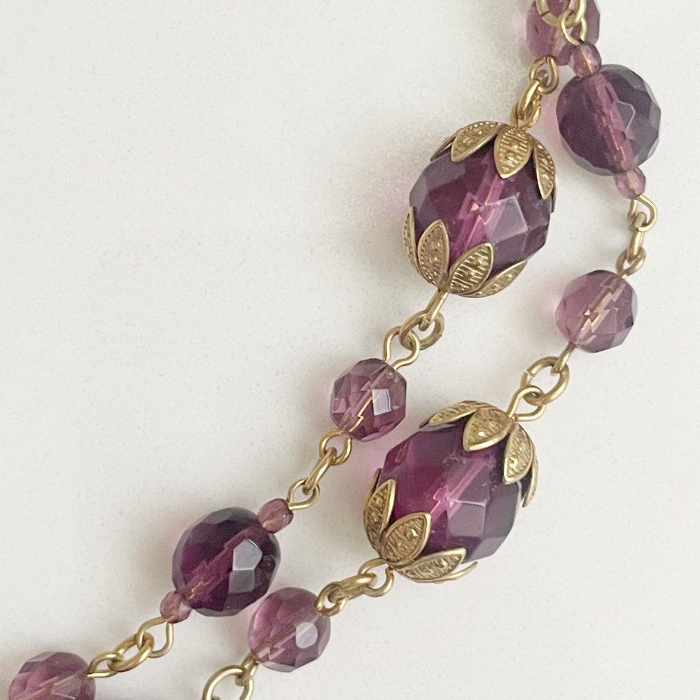 Sequin NYC Necklace Amethyst Capped with Gold Plated Leaf Design 45"